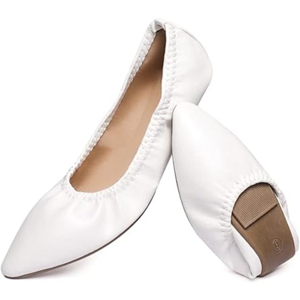 LM Women Size 7 White Faux Leather Elastic Pointy Toe Slide On Ballet Flat Shoes